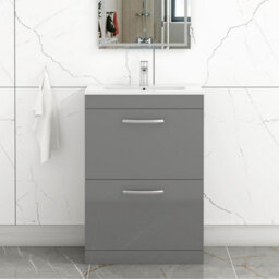 Royal Bathrooms Turin Indigo Grey Gloss 600mm Floor Standing Vanity Unit 2 Drawer With Minimalist Basin Sink