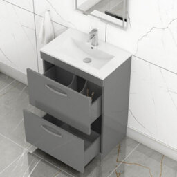 Royal Bathrooms Turin Indigo Grey Gloss 600mm Floor Standing Vanity Unit 2 Drawer With Minimalist Basin Sink - thumbnail 5