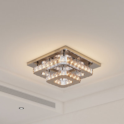 Darphe Modern Chrome Crystal 2-Tier Square Led Ceiling Light, Dimmable Semi-Flush Chandelier 40X40Cm - image 1