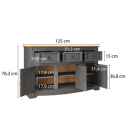 Mews Corona Sideboard Charcoal Dark Grey 3 Door 3 Drawer Solid Pine Wood - thumbnail 7