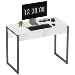 Homcom Modern Home Office Desk With High Gloss 2 Drawers Finish White Black - thumbnail 2