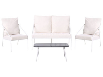 Wyld And Coco White 4-Seater Metal Garden Set With Removable Cushion Covers And Tempered Glass Table Modern - image 1