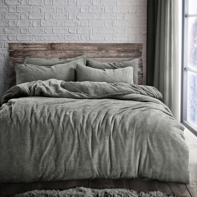 Velosso Teddy Fleece Duvet Cover & Pillowcase Set - Button Enclosure, Machine Washable Bedroom Essentials - Sterling Grey