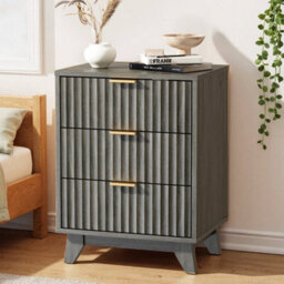 Grey Bedside Table With Charging Station, Grille Nightstand - thumbnail 3