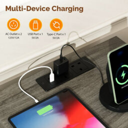 Grey Bedside Table With Charging Station, Grille Nightstand - thumbnail 4