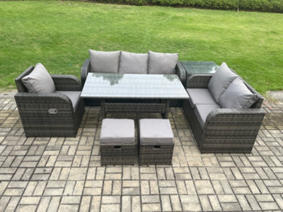 Fimous 8 Seater Garden Rattan Furniture Dining Table Sofa Set Indoor Outdoor With Reclining Chairs Side Table 2 Small Footstools - image 1