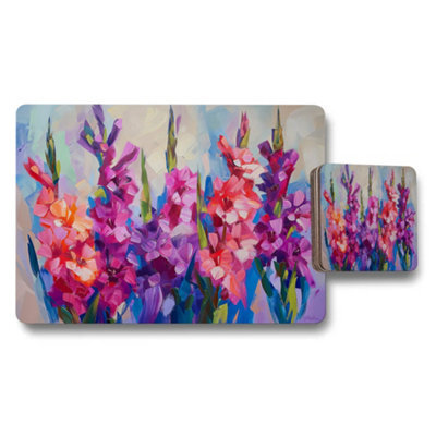 Benjamin Tate Design Abstract Floral Placemat And Coaster Set With Bright Purple Pink Flowers - image 1