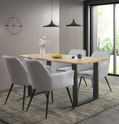 Hallowood Furniture Cullompton Large Dining Table With Live Edge Effect And 4 Grey Fabric Arm Chair - image 1