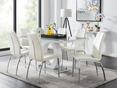 Furniturebox Giovani Rectangular 6 Seat White High Gloss Unique Halo Structural Dining Table Grey Glass Top 6 White Faux Leather Isco Chairs - image 1
