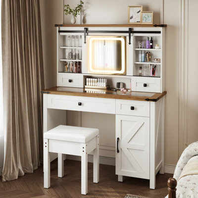 Costway Vanity Desk W/ Sliding Mirror & Dimmable Led Lights Dressing Table & Stool Set White & Brown - image 1
