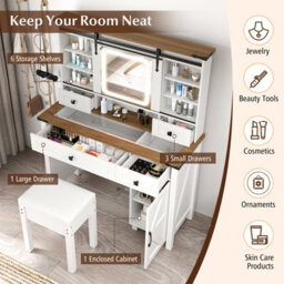 Costway Vanity Desk W/ Sliding Mirror & Dimmable Led Lights Dressing Table & Stool Set White & Brown - thumbnail 6