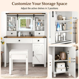 Costway Vanity Desk W/ Sliding Mirror & Dimmable Led Lights Dressing Table & Stool Set White & Brown - thumbnail 7