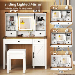 Costway Vanity Desk W/ Sliding Mirror & Dimmable Led Lights Dressing Table & Stool Set White & Brown - thumbnail 8
