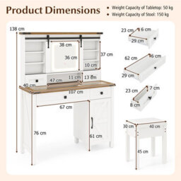 Costway Vanity Desk W/ Sliding Mirror & Dimmable Led Lights Dressing Table & Stool Set White & Brown - thumbnail 2