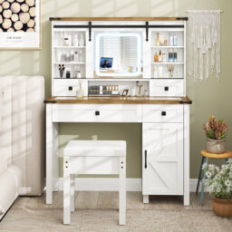 Costway Vanity Desk W/ Sliding Mirror & Dimmable Led Lights Dressing Table & Stool Set White & Brown - thumbnail 3