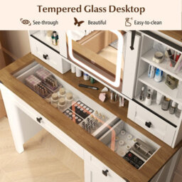 Costway Vanity Desk W/ Sliding Mirror & Dimmable Led Lights Dressing Table & Stool Set White & Brown - thumbnail 5