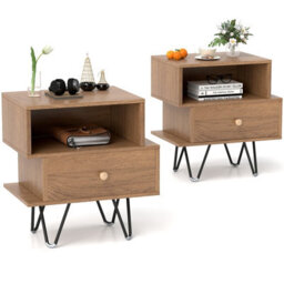 Costway Set Of 2 Sofa Side Tables Modern Bedside Tables With Removable Drawer Natural - thumbnail 1