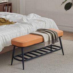 Wyld Haus Elbani Orange Faux Leather Shoe Storage Bench With Cushioned Seat, Black Metal Frame - thumbnail 9