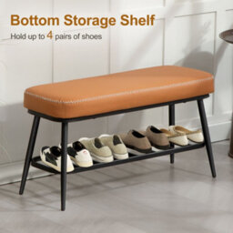 Wyld Haus Elbani Orange Faux Leather Shoe Storage Bench With Cushioned Seat, Black Metal Frame - thumbnail 7