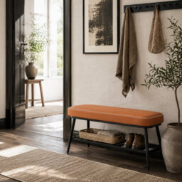 Wyld Haus Elbani Orange Faux Leather Shoe Storage Bench With Cushioned Seat, Black Metal Frame - thumbnail 2