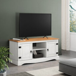 Tv Unit White Wax 2 Door 1 Shelf Media Solid Pine - thumbnail 1