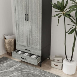 Urbn-Living Urbnliving 180Cm Height Black Wardrobe With Ash Grey 2 Door 2 Drawer Modern Bedroom Clothes Storage Hanging Rail - thumbnail 4