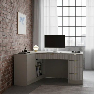 Tireno Sand Beige Corner Desk With Fluted Drawers Modern Computer Desk For Home Office Study Bedroom And Teen Room - image 1