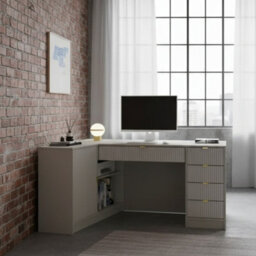 Tireno Sand Beige Corner Desk With Fluted Drawers Modern Computer Desk For Home Office Study Bedroom And Teen Room - thumbnail 1