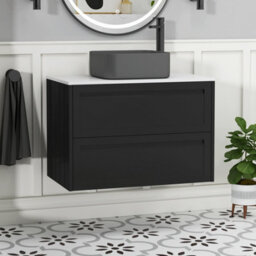 Royal Bathrooms Royal Bathroom Elmore 800mm Nocturne Black Wall Mounted Bathroom Vanity Unit 2 Drawer Plain White Worktop With Art Square Basin - thumbnail 1