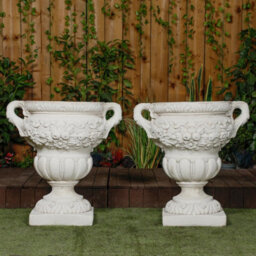 Pair Of Large Fruit Design White Stone Vases - thumbnail 2