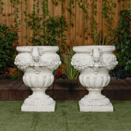 Pair Of Large Fruit Design White Stone Vases - thumbnail 3