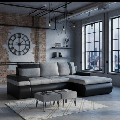 Oslo Mini Living Room Corner Sofa Bed With Storage Hr Foam Wave Springs Wooden Frame 245X182X90Cm Grey And Black Right - image 1