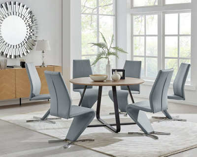 Furniturebox Uk Santorini Brown Wood Effect Round Dining Table & 6 Grey Willow Chairs - image 1