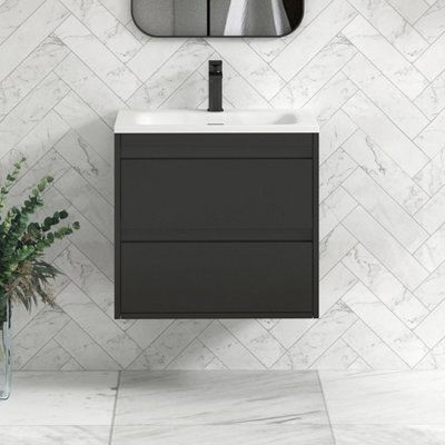 Royal Bathrooms Orion 600mm Matt Obsidian Black 2 Drawer Wall Hung Vanity Unit With Stone Basin & Black Strip - image 1
