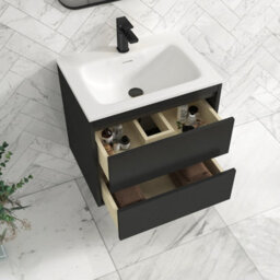 Royal Bathrooms Orion 600mm Matt Obsidian Black 2 Drawer Wall Hung Vanity Unit With Stone Basin & Black Strip - thumbnail 4