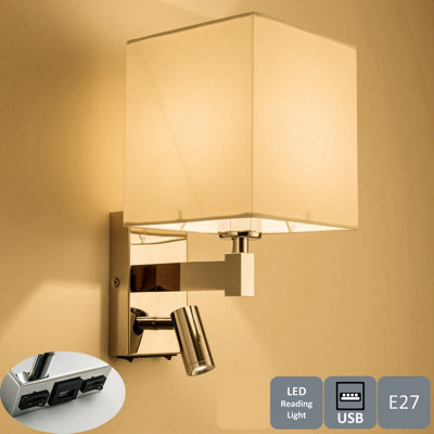 Harper Living Wall Light With Adjustable Led Reading Light With Usb Port And Switch, White Fabric Shade Polished Chrome - image 1