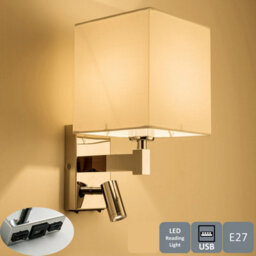 Harper Living Wall Light With Adjustable Led Reading Light With Usb Port And Switch, White Fabric Shade Polished Chrome