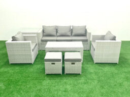 Fimous Rattan Garden Furniture Set 7 Seater Outdoor Garden Sofa Oblong Coffee Table Set 2 Chairs Side Table Light Grey - thumbnail 2