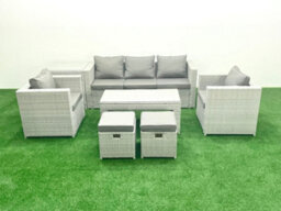 Fimous Rattan Garden Furniture Set 7 Seater Outdoor Garden Sofa Oblong Coffee Table Set 2 Chairs Side Table Light Grey - thumbnail 1