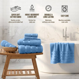 Casabella Towels Set, 8 Pc Towels For Bathroom, 100% Cotton, 2 Bath Towels, 2 Hand Towels, 4 Face Cloth, Navy - thumbnail 4
