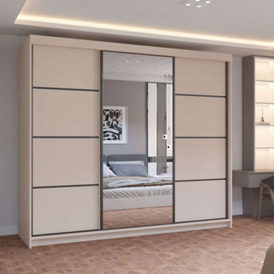 M N Furniture Ltd Prism Spacious 3-Door Sliding Mirror Wardrobe Available In White, Oak, Cashmere, Artisan Colors - Cashmere 250Cm - image 1