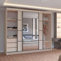 M N Furniture Ltd Prism Spacious 3-Door Sliding Mirror Wardrobe Available In White, Oak, Cashmere, Artisan Colors  - Cashmere 250Cm - thumbnail 4