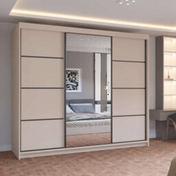 M N Furniture Ltd Prism Spacious 3-Door Sliding Mirror Wardrobe Available In White, Oak, Cashmere, Artisan Colors  - Cashmere 250Cm - thumbnail 1