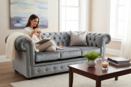 Chesterfield Handmade 3 Seater Sofa Settee Shimmer Silver Grey Velvet Fabric In Classic Style - thumbnail 3