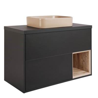 Homestylestore Black Grey 1000mm Led Lit Wall Hung Bathroom Vanity Unit With Rectangular Sand Countertop Basin - image 1