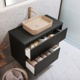 Homestylestore Black Grey 1000mm Led Lit Wall Hung Bathroom Vanity Unit With Rectangular Sand Countertop Basin - thumbnail 2