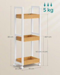 Songmics Small Shelving Unit Cart, 3 Tier Shelf, Storage Organizer, Narrow Rack, Caddy, Space-Saving, White And Natural - thumbnail 2