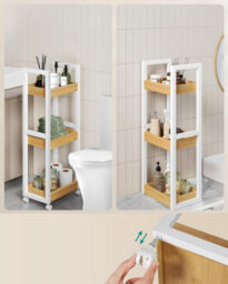 Songmics Small Shelving Unit Cart, 3 Tier Shelf, Storage Organizer, Narrow Rack, Caddy, Space-Saving, White And Natural - thumbnail 4