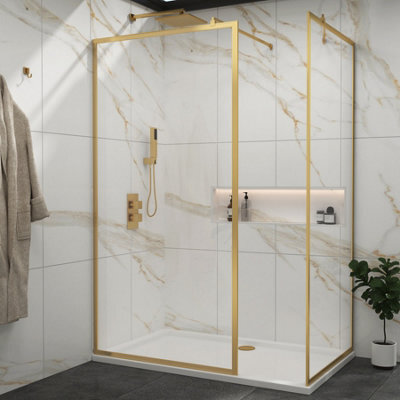 Royal Bathrooms Luxor Walk In Wet Room Shower Enclosure With 1600 X 700mm Stone Tray & Brushed Brass Frame 8mm Easy Clean Glass - image 1