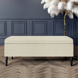 180Cm Paris Plain Ottoman Storage Bench -Naples Shoes Bench With Black Turned Wooden Legs - Cream Upholstery Storage Footstool